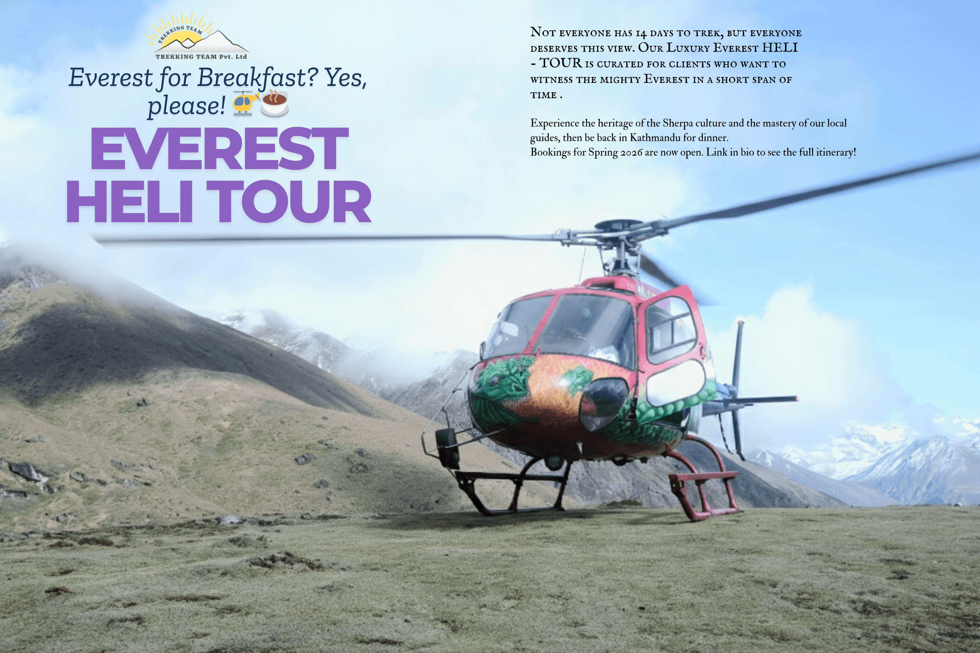 Helicopter landed near Everest Base Camp with Khumbu peaks behind