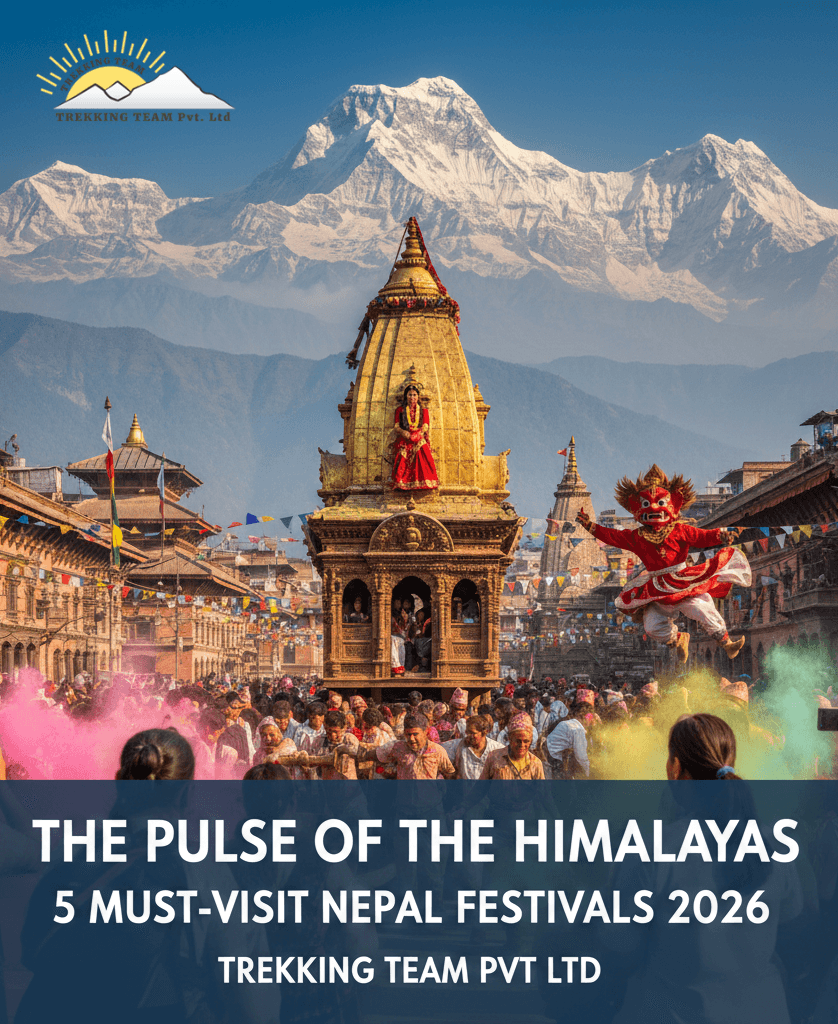 Festival celebration in Kathmandu with traditional masks and colours