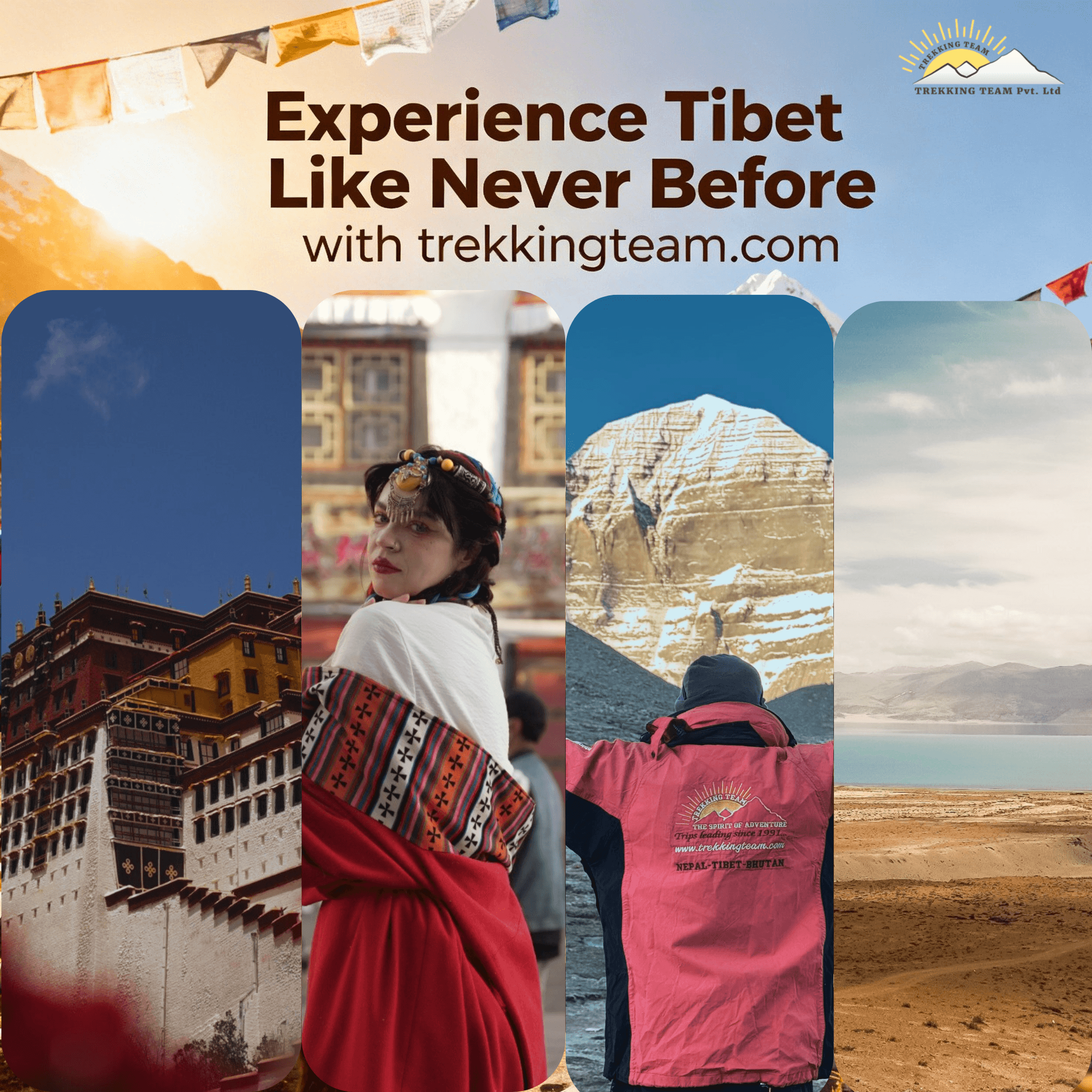 Tibetan plateau landscape with prayer flags and distant Himalayan peaks