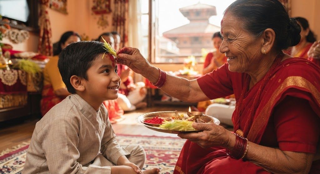 Nepali elder giving red Dashain tika and jamara to a child in Kathmandu