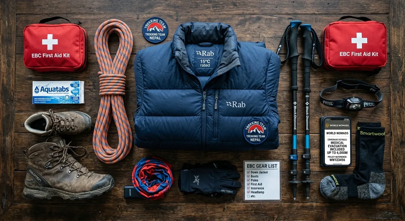 Essential trekking gear and equipment laid out for the Everest Base Camp trek including down jacket sleeping bag trekking poles boots and backpack available for rental or purchase in Kathmandu Thamel district Nepal 2026