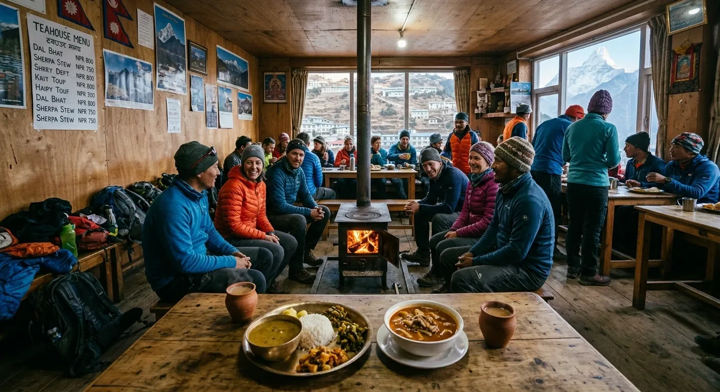 Inside a traditional Himalayan teahouse lodge on the Everest Base Camp trek route showing trekkers eating dal bhat in the communal dining room with a wood-burning stove during a 14-day EBC trek in Nepal 2026