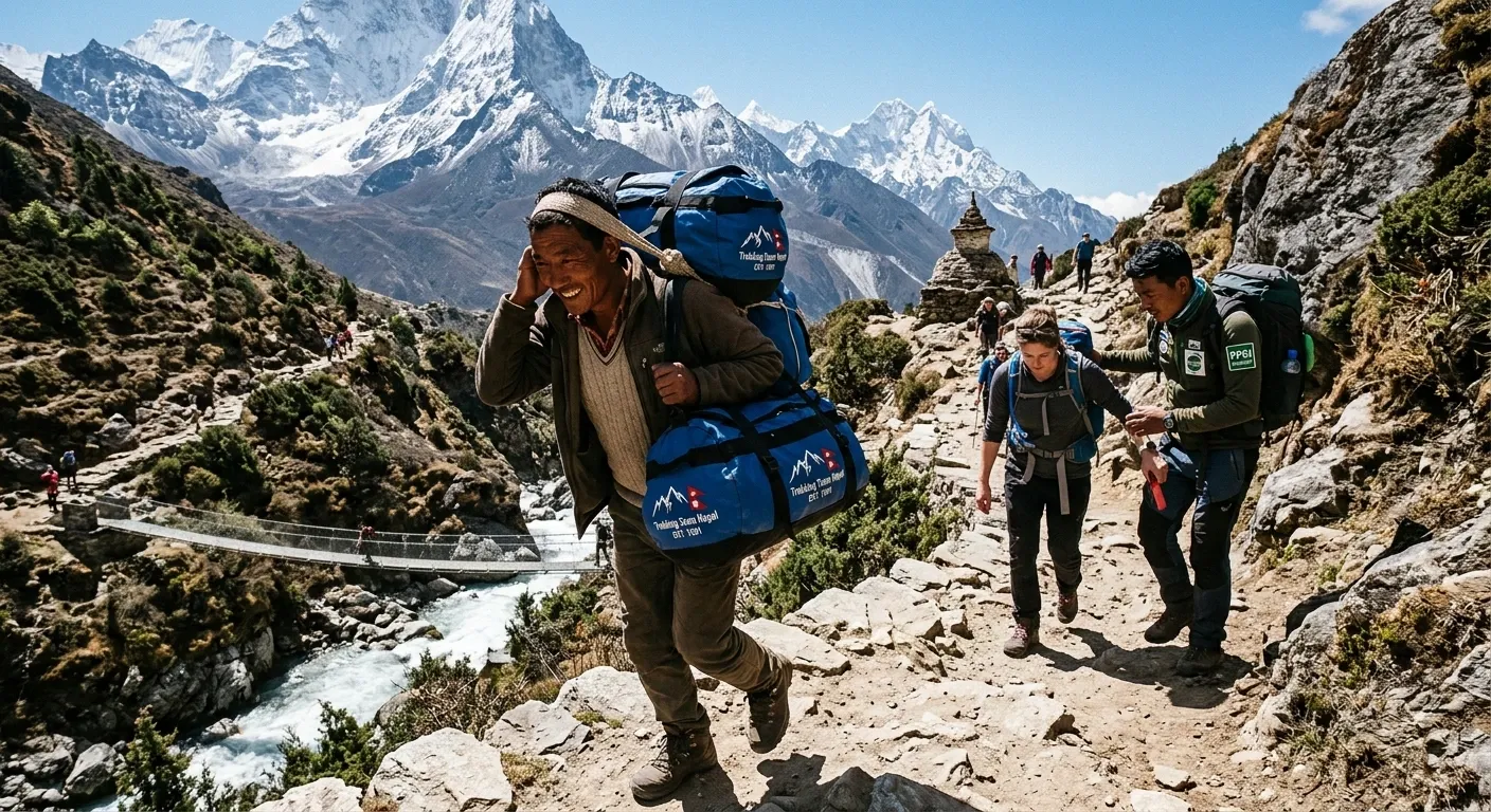 Licensed Nepali trekking guide and porter team from Trekking Team Nepal carrying gear on the Everest Base Camp trail with snow-capped Himalayan peaks in the background showing the crew that supports every EBC trek since 1991