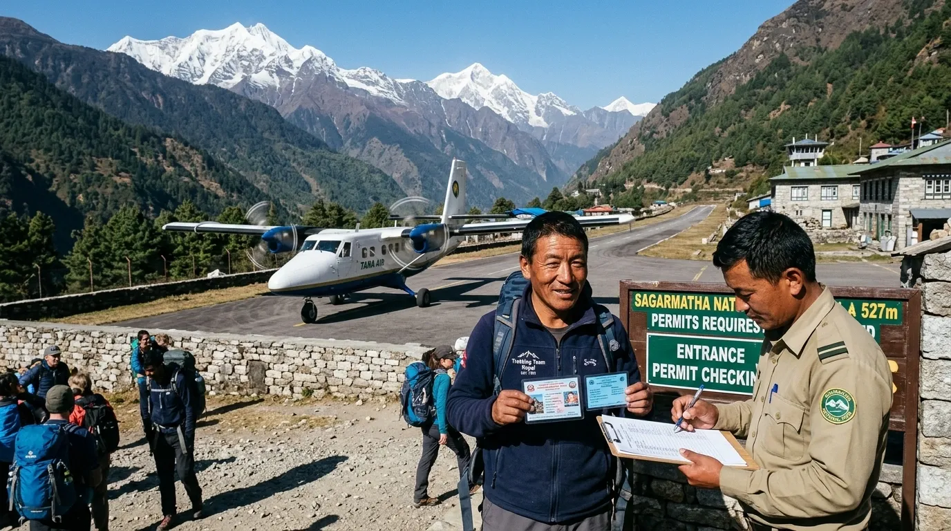 Trekking permits and Lukla flight boarding pass for Everest Base Camp trek 2026 showing Sagarmatha National Park entry permit and Khumbu Pasang Lhamu Rural Municipality permit required for all trekkers in the Everest region of Nepal