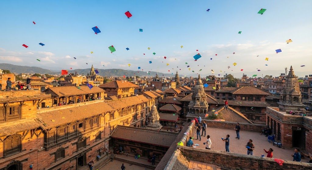 Kites flying over Patan rooftops during Dashain in Nepal