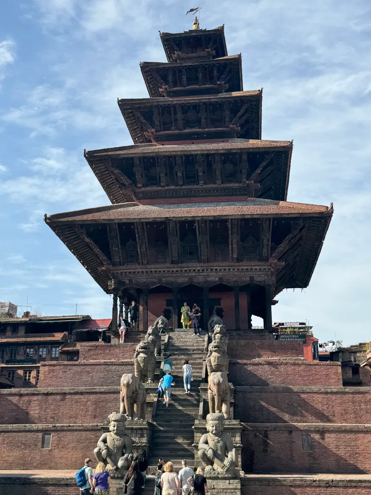 The five-storey Nyatapola temple in Bhaktapur rising above its stone guardian stairway