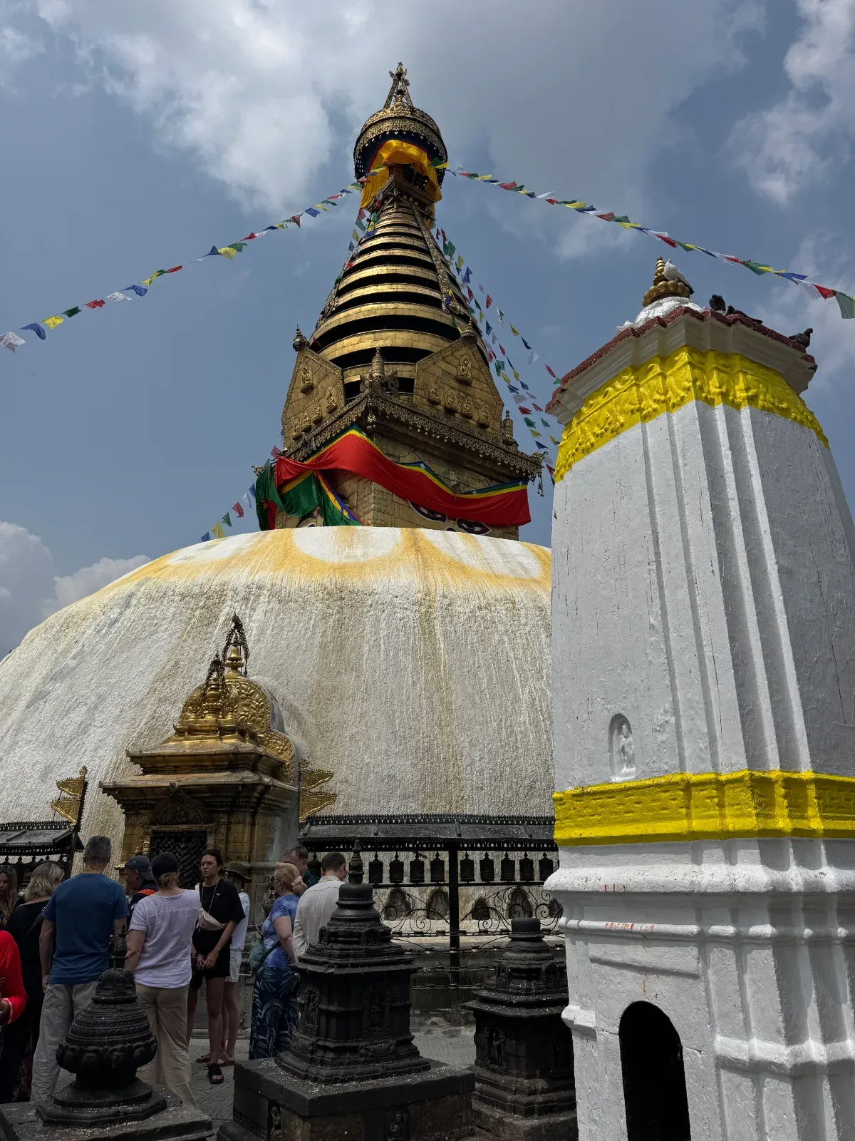 Swayambhunath stupa in Kathmandu, its gilded spire ringed with strings of prayer flags