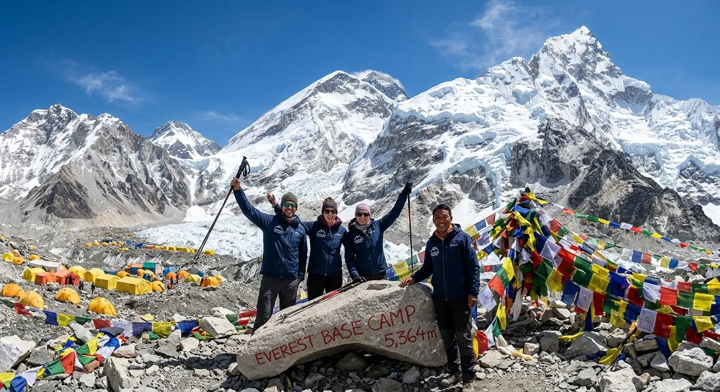 Trekkers celebrating at Everest Base Camp 5364 metres with Trekking Team Nepal banner and Khumbu Glacier in the background after completing a 14-day guided EBC trek from Kathmandu Nepal