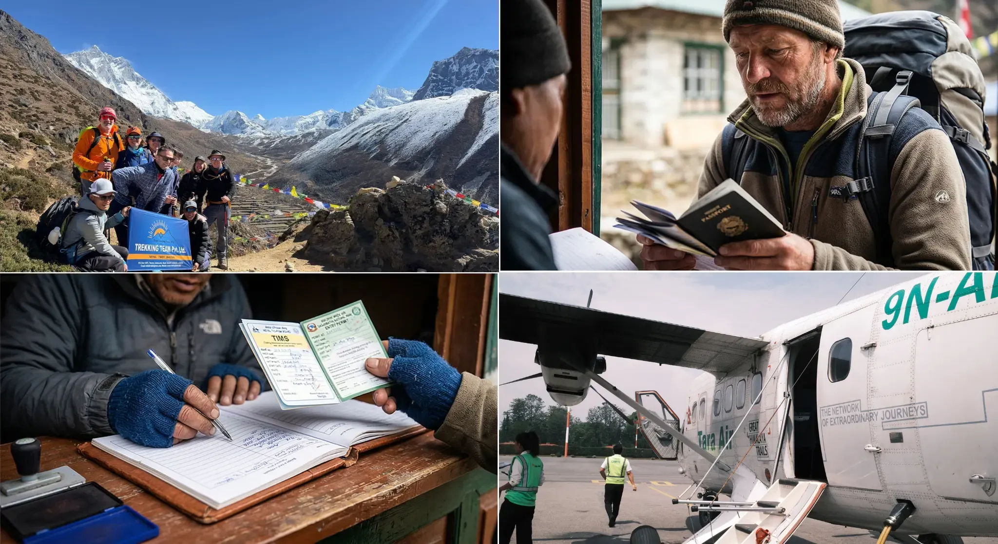 alt="Trekking Team Nepal guides and porters at trail checkpoint in the Everest region handling trekking permits and documentation for clients on a 14-day EBC trek 2026"